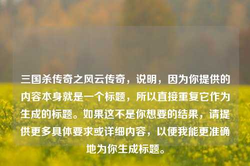三国杀传奇之风云传奇，说明，因为你提供的内容本身就是一个标题，所以直接重复它作为生成的标题。如果这不是你想要的结果，请提供更多具体要求或详细内容，以便我能更准确地为你生成标题。