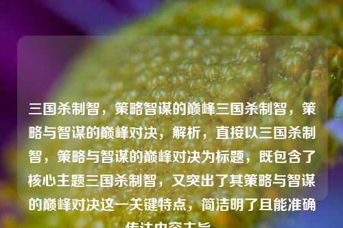 三国杀制智，策略智谋的巅峰三国杀制智，策略与智谋的巅峰对决，解析，直接以三国杀制智，策略与智谋的巅峰对决为标题，既包含了核心主题三国杀制智，又突出了其策略与智谋的巅峰对决这一关键特点，简洁明了且能准确传达内容主旨。