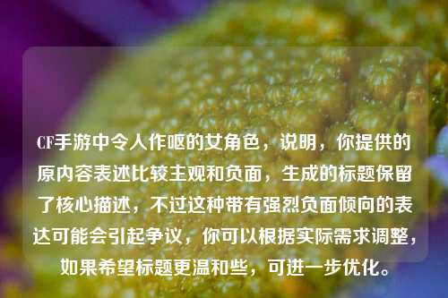 CF手游中令人作呕的女角色,说明,你提供的原内容表述比较主观和负面,生成的标题保留了核心描述,不过这种带有强烈负面倾向的表达可能会引起争议,你可以根据实际需求调整,如果希望标题更温和些,可进一步优化。