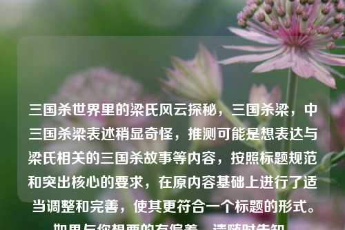 三国杀世界里的梁氏风云探秘,三国杀梁,中三国杀梁表述稍显奇怪,推测可能是想表达与梁氏相关的三国杀故事等内容,按照标题规范和突出核心的要求,在原内容基础上进行了适当调整和完善,使其更符合一个标题的形式。如果与你想要的有偏差,请随时告知。