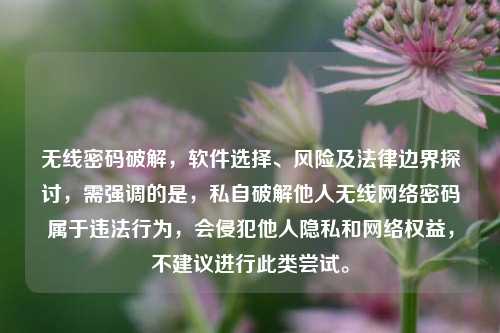 无线密码破解,软件选择、风险及法律边界探讨,需强调的是,私自破解他人无线网络密码属于违法行为,会侵犯他人隐私和网络权益,不建议进行此类尝试。