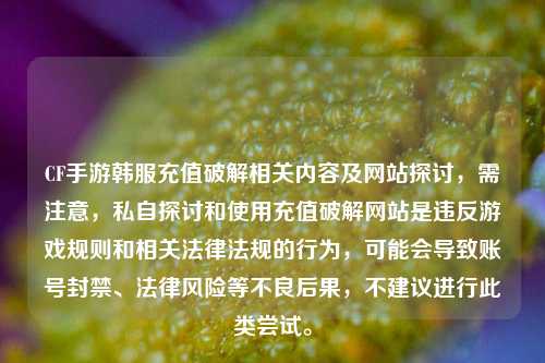 CF手游韩服充值破解相关内容及网站探讨,需注意,私自探讨和使用充值破解网站是违反游戏规则和相关法律法规的行为,可能会导致账号封禁、法律风险等不良后果,不建议进行此类尝试。