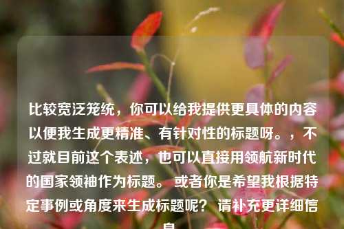 比较宽泛笼统,你可以给我提供更具体的内容以便我生成更精准、有针对性的标题呀。,不过就目前这个表述,也可以直接用领航新时代的国家领袖作为标题。 或者你是希望我根据特定事例或角度来生成标题呢? 请补充更详细信息。