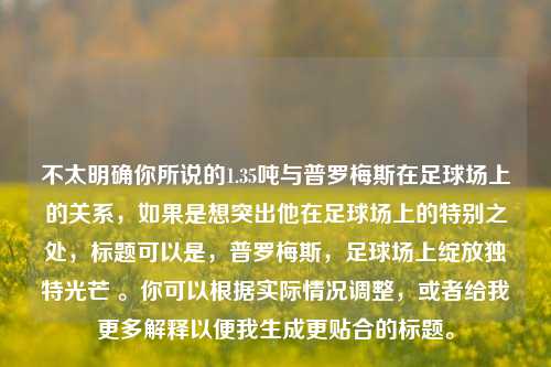 不太明确你所说的1.35吨与普罗梅斯在足球场上的关系,如果是想突出他在足球场上的特别之处,标题可以是,普罗梅斯,足球场上绽放独特光芒 。你可以根据实际情况调整,或者给我更多解释以便我生成更贴合的标题。